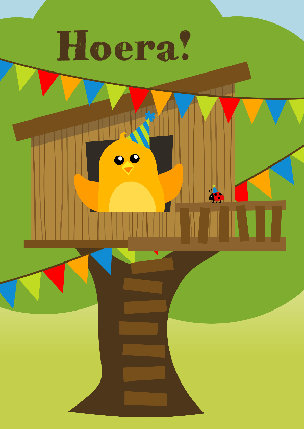 verjaardagskaart met vrolijk oranje vogeltje in boomhut - Verjaardagskaarten Verjaardagskaarten - verjaardagskaart met vrolijk oranje vogeltje in boomhut