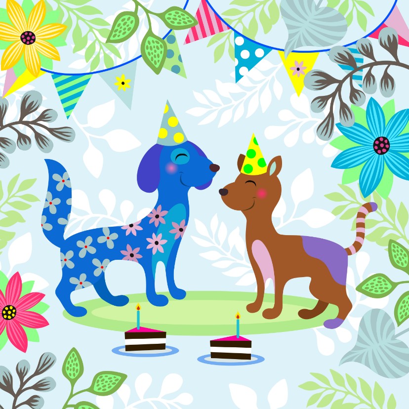 Verjaardagskaarten - Verjaardagskaart met vrolijke honden en gezelligheid