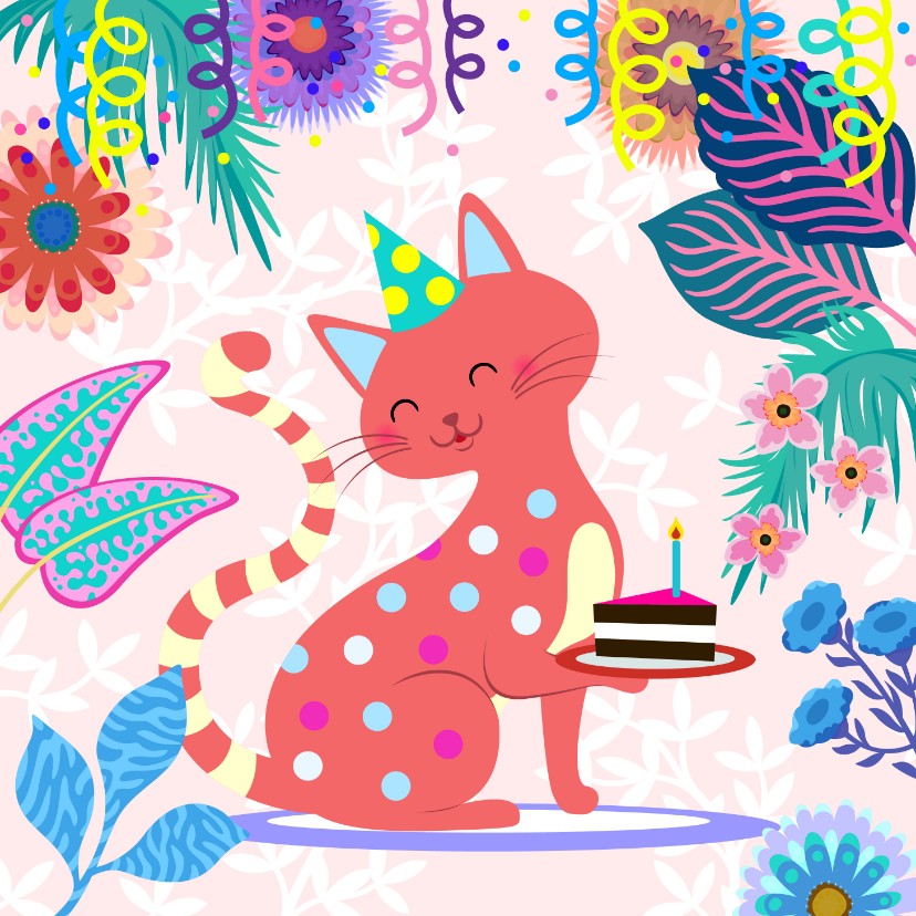 Verjaardagskaart met vrolijke kat, bloemen en slingers - Verjaardagskaarten Verjaardagskaarten - Verjaardagskaart met vrolijke kat, bloemen en slingers