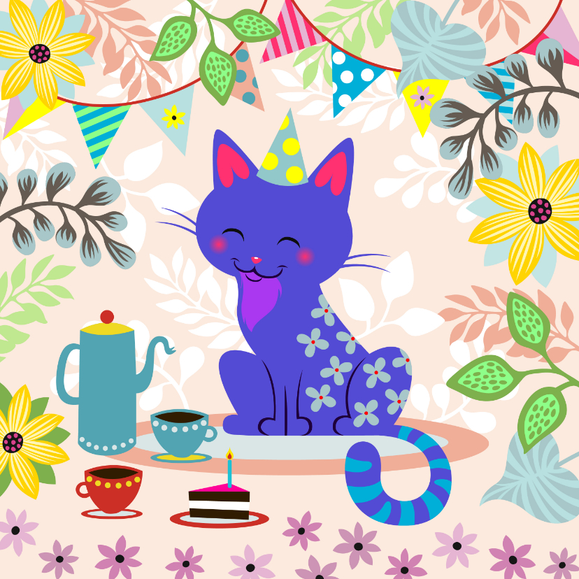 Verjaardagskaart met vrolijke kat, koffie en taart - Verjaardagskaarten Verjaardagskaarten - Verjaardagskaart met vrolijke kat, koffie en taart