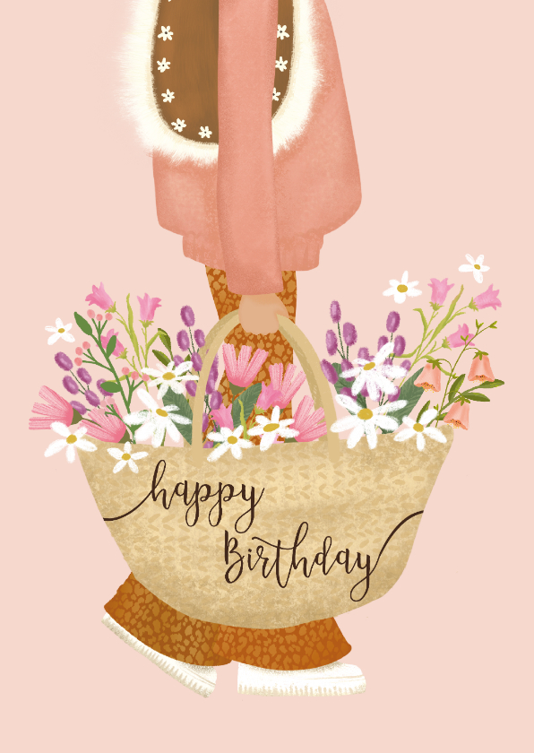 Verjaardagskaarten - Verjaardagskaart met vrouw met mand vol kleurige bloemen