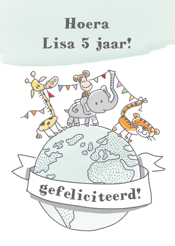 Verjaardagskaarten - Verjaardagskaart met wilde dieren met slingers op wereldbol 