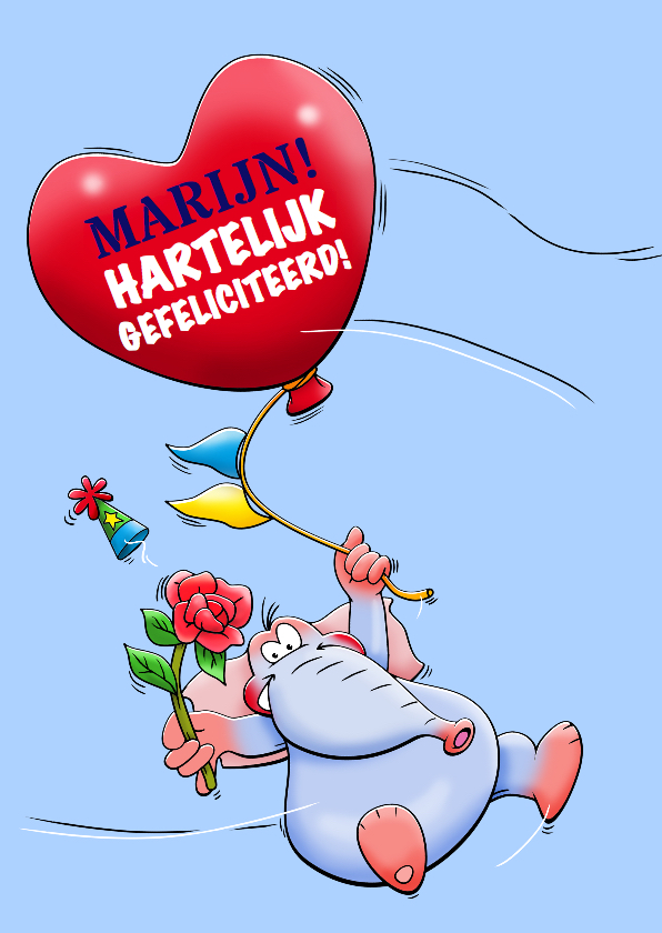 Verjaardagskaart met zwevende olifant en ballon als hart - Verjaardagskaarten Verjaardagskaarten - Verjaardagskaart met zwevende olifant en ballon als hart