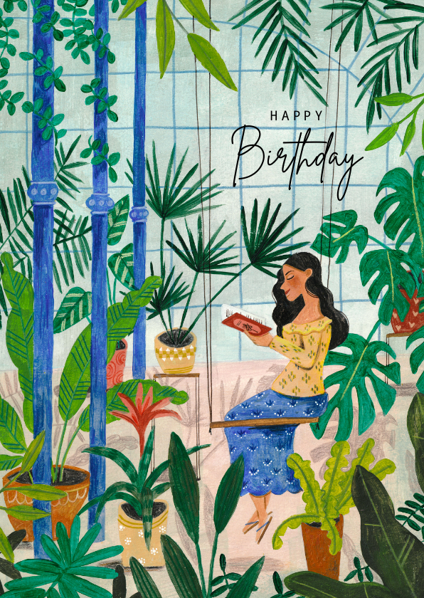 Verjaardagskaarten - Verjaardagskaart mindful lezen tussen de planten