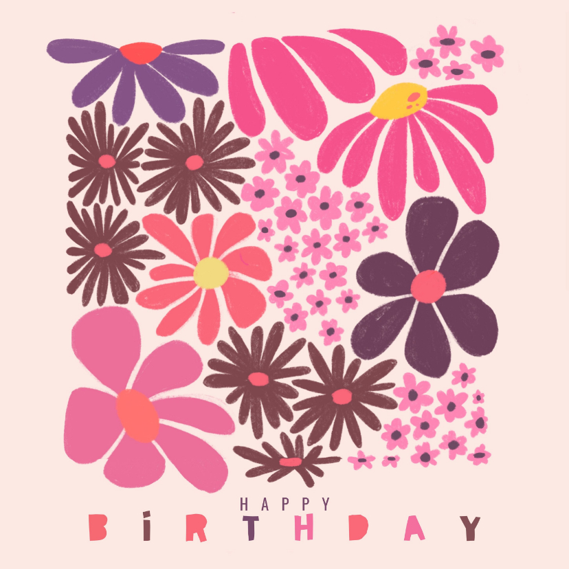 Verjaardagskaarten - Verjaardagskaart moderne bloemen in roze kleuren