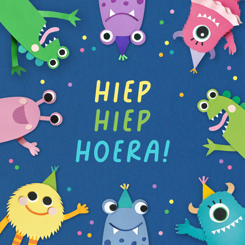 Verjaardagskaart monsters en confetti - Verjaardagskaarten Verjaardagskaarten - Verjaardagskaart monsters en confetti