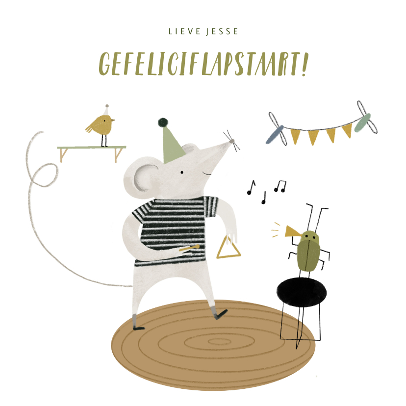 Verjaardagskaarten - Verjaardagskaart muisje en diertjes met muziek illustratie