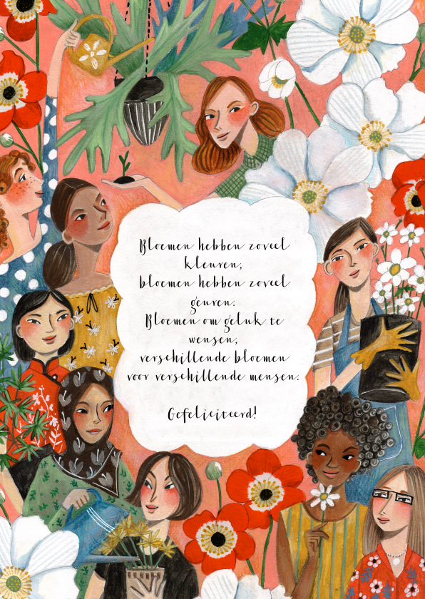 Verjaardagskaarten - Verjaardagskaart Multiculti vrouwen bloemen en planten