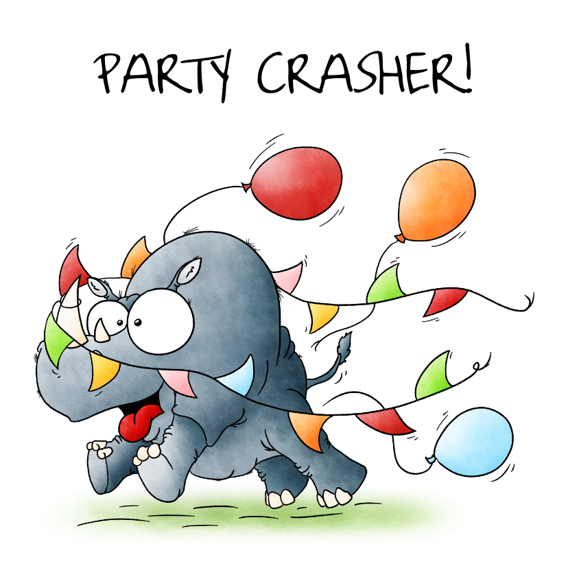 Verjaardagskaarten - Verjaardagskaart neushoorn - Party Crasher!