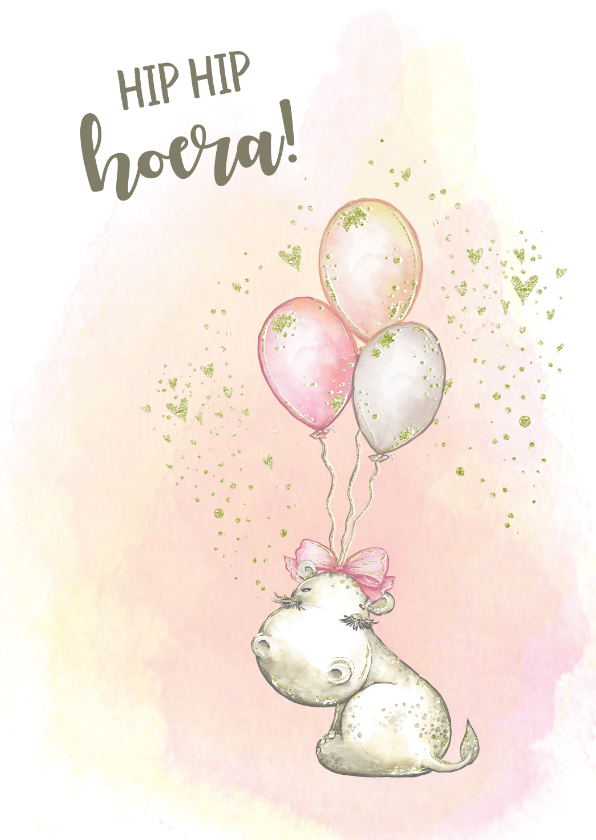 Verjaardagskaarten - Verjaardagskaart nijlpaard met strik en ballonnen