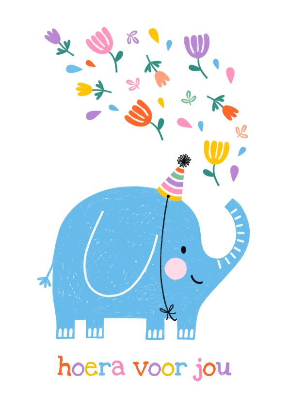 Verjaardagskaart olifant blauw feestmuts bloemen - Verjaardagskaarten Verjaardagskaarten - Verjaardagskaart olifant blauw feestmuts bloemen