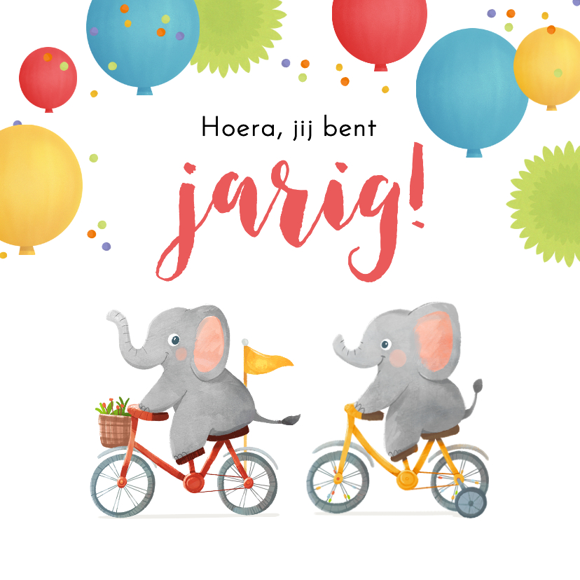 Verjaardagskaart olifant fiets ballonnen confetti kind - Verjaardagskaarten Verjaardagskaarten - Verjaardagskaart olifant fiets ballonnen confetti kind