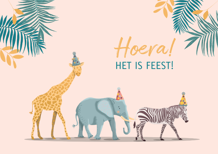 Verjaardagskaarten - Verjaardagskaart olifant giraf en zebra meisje