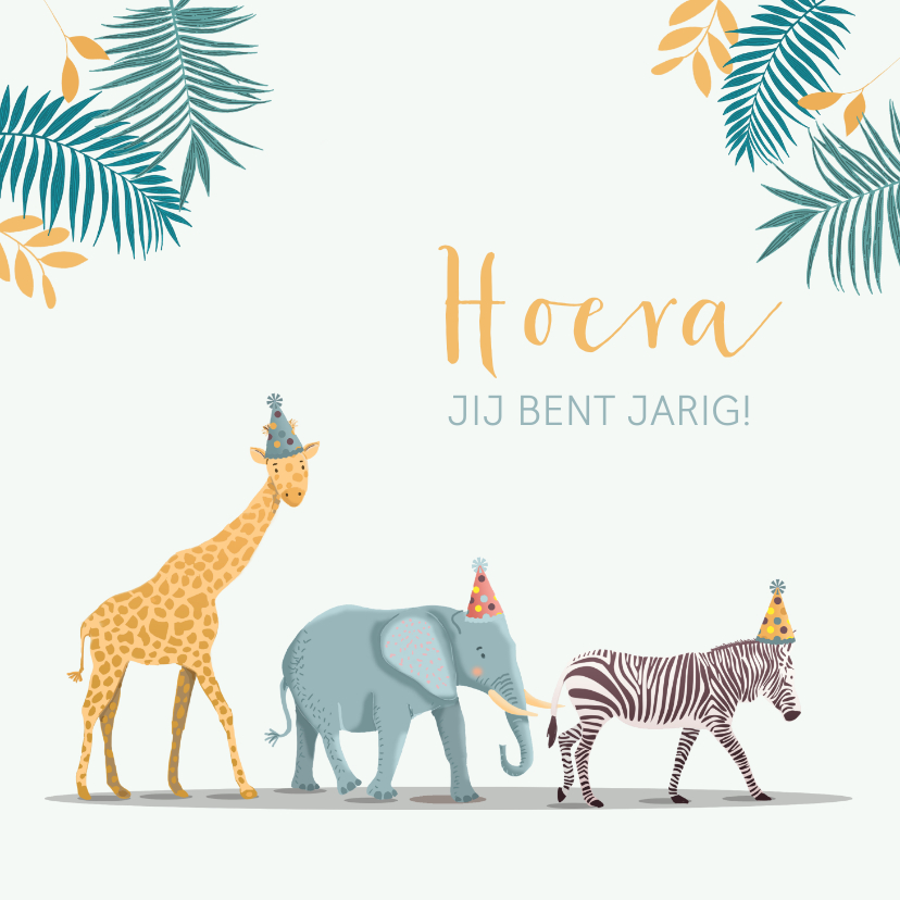 Verjaardagskaarten - Verjaardagskaart olifant giraf zebra feestmuts