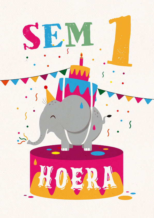 Verjaardagskaarten - Verjaardagskaart olifant hoera feest jongen meisje