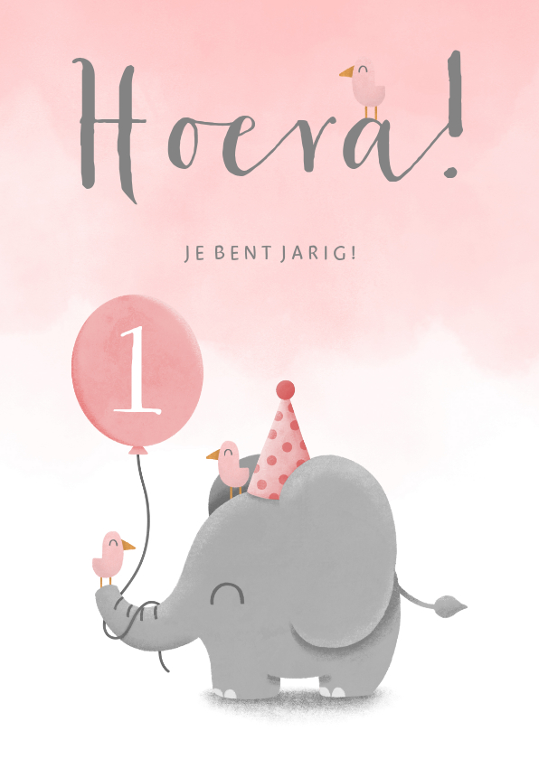 Verjaardagskaarten - Verjaardagskaart olifantje met waterverf en ballon