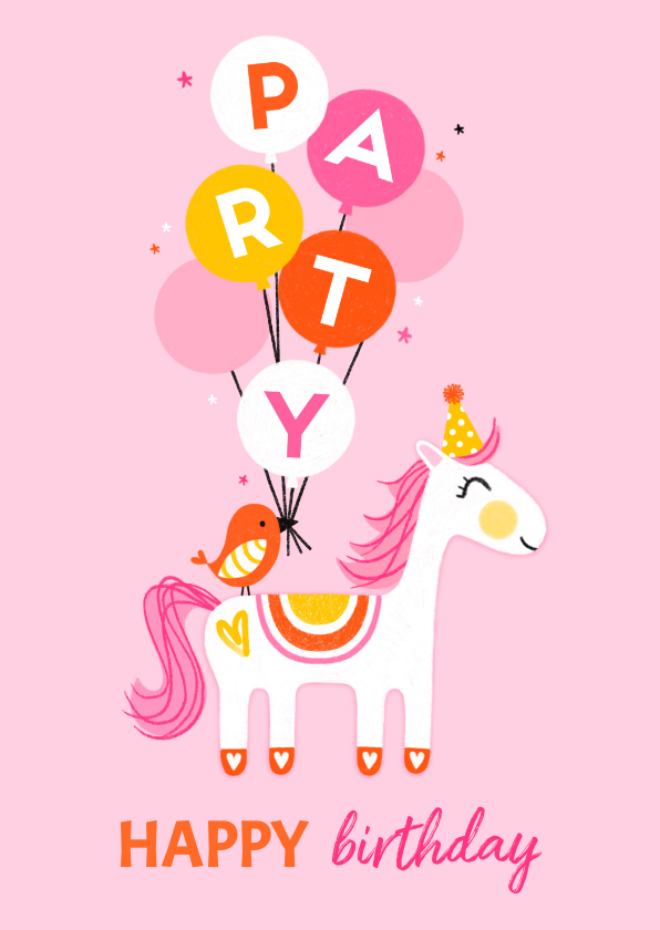 Verjaardagskaarten - Verjaardagskaart paard ballonnen roze