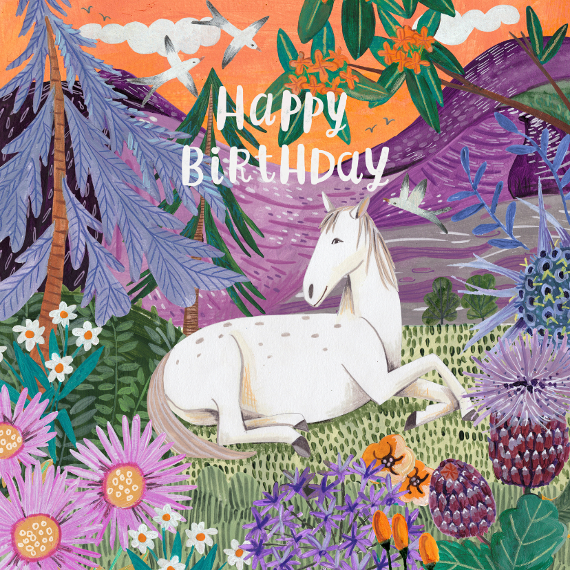 Verjaardagskaarten - Verjaardagskaart paard in de bergen met bloemen
