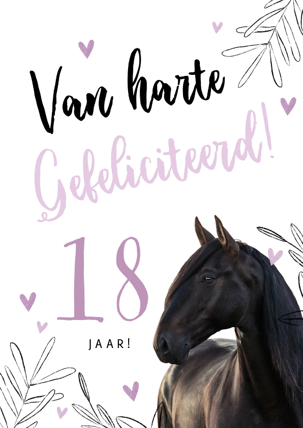 Verjaardagskaarten - Verjaardagskaart paard met lila hartjes en bladeren leeftijd