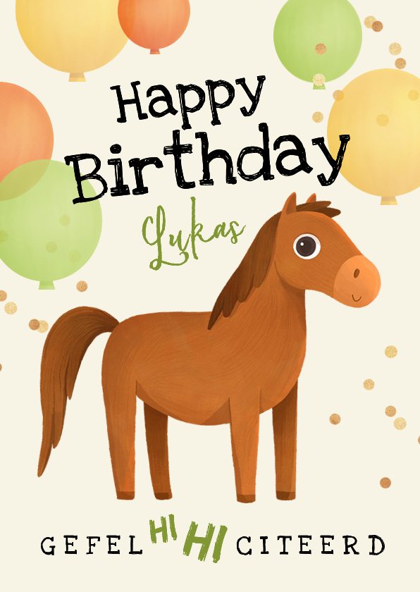 Verjaardagskaarten - Verjaardagskaart paard pony ballonnen confetti kind neutraal