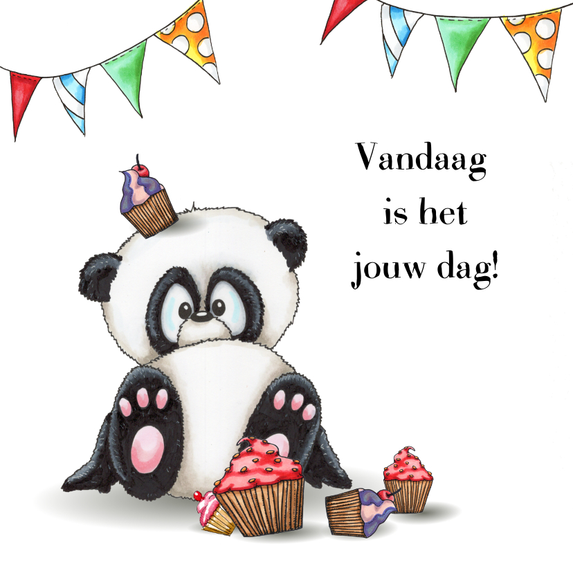 Verjaardagskaarten - Verjaardagskaart panda met taartjes