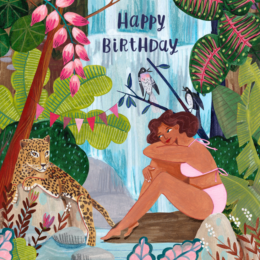 Verjaardagskaarten - Verjaardagskaart panter tijger waterval jungle