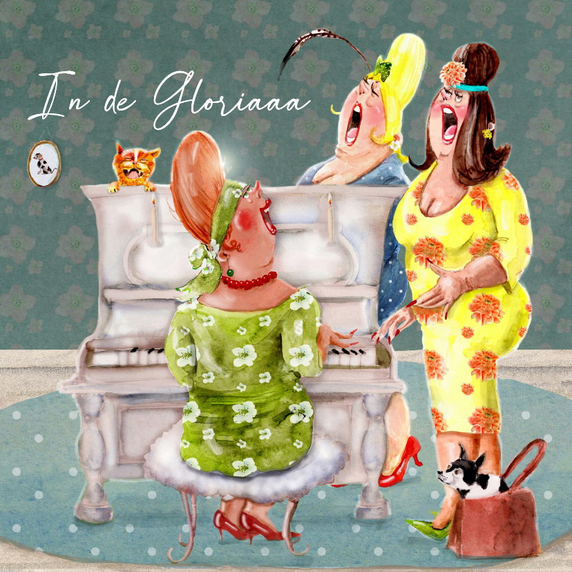 Verjaardagskaarten - Verjaardagskaart piano drie zingende vrolijke dames