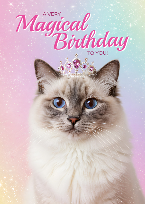 Verjaardagskaart poes met glitters met tiara - Verjaardagskaarten Verjaardagskaarten - Verjaardagskaart poes met glitters met tiara