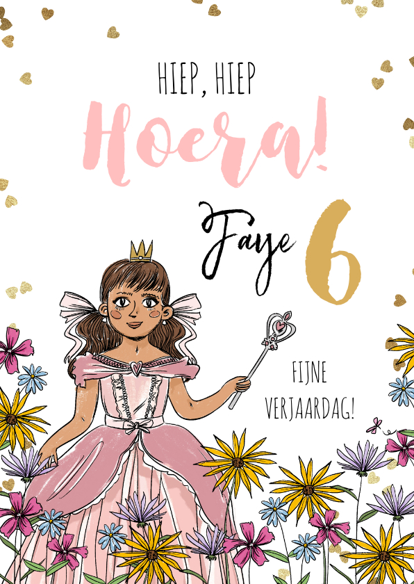 Verjaardagskaart prinses bloemen hartjesconfetti goud - Verjaardagskaarten Verjaardagskaarten - Verjaardagskaart prinses bloemen hartjesconfetti goud