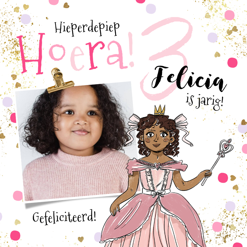 Verjaardagskaarten - Verjaardagskaart prinsesje foto confetti goudlook spetters