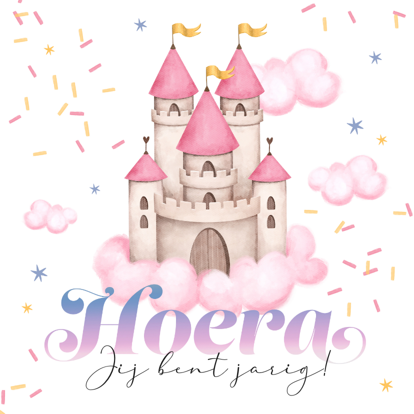 Verjaardagskaarten - Verjaardagskaart prinsessen kasteel confetti magisch