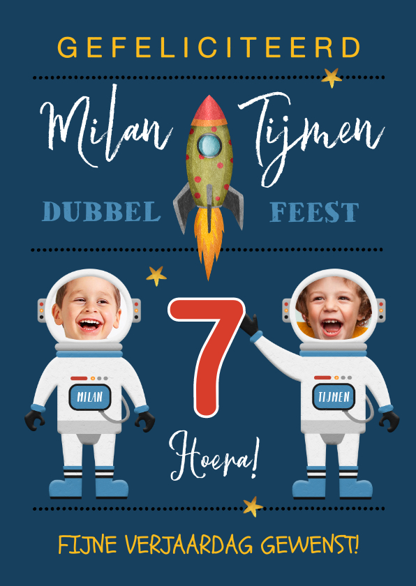 Verjaardagskaarten - Verjaardagskaart raket ruimte astronaut sterren tweeling
