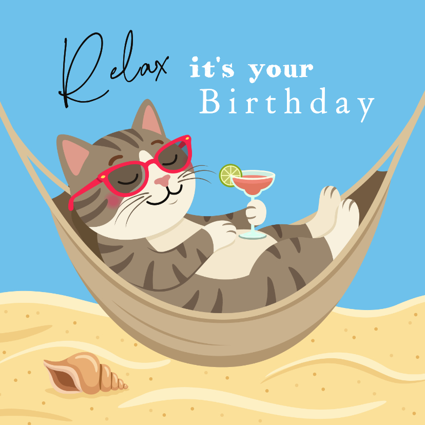 Verjaardagskaart relaxte kat in hangmat met cocktailglas - Verjaardagskaarten Verjaardagskaarten - Verjaardagskaart relaxte kat in hangmat met cocktailglas