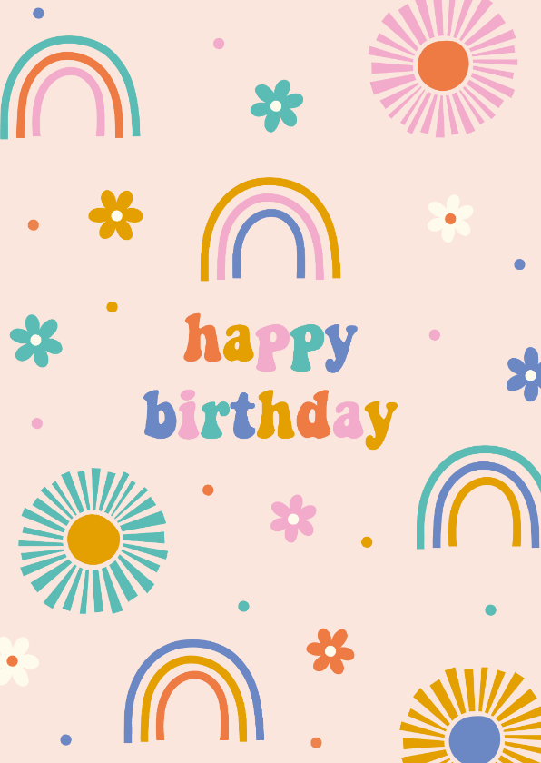 Verjaardagskaart retro met bloemen en regenbogen - Verjaardagskaarten Verjaardagskaarten - Verjaardagskaart retro met bloemen en regenbogen