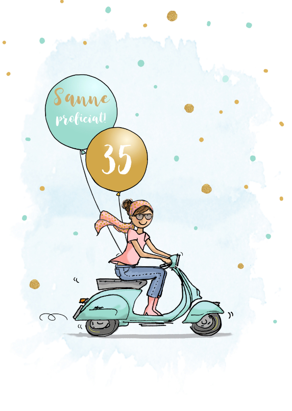 Verjaardagskaarten - Verjaardagskaart retro scooter vrouw