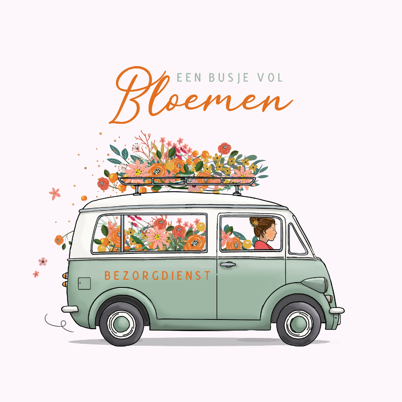 Verjaardagskaarten - Verjaardagskaart retrobusje met bloemen