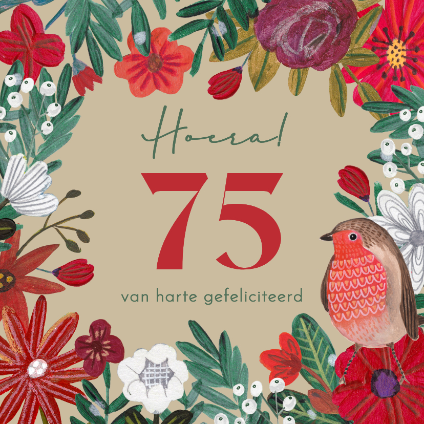 Verjaardagskaart rode bloemen met roodborstje - Verjaardagskaarten Verjaardagskaarten - Verjaardagskaart rode bloemen met roodborstje