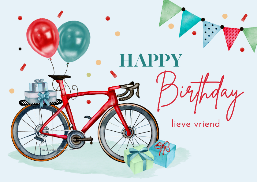 Verjaardagskaarten - Verjaardagskaart rode fiets en ballonnen en confetti
