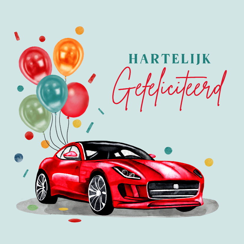 Verjaardagskaart rode sportauto met ballonnen - Verjaardagskaarten Verjaardagskaarten - Verjaardagskaart rode sportauto met ballonnen