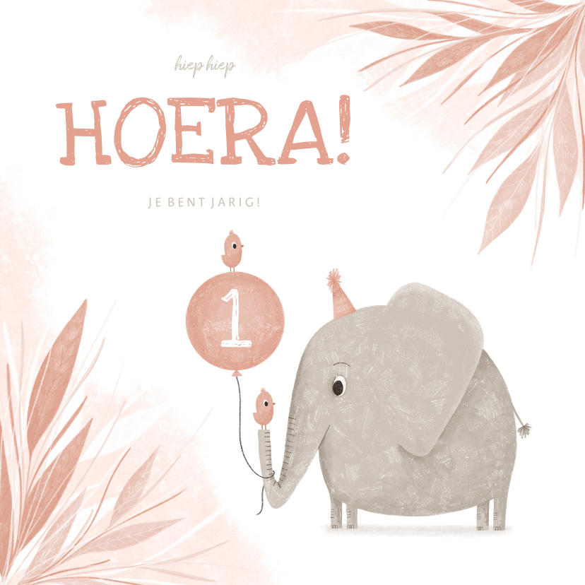 Verjaardagskaarten - Verjaardagskaart roze 1 jaar olifantje met vogel