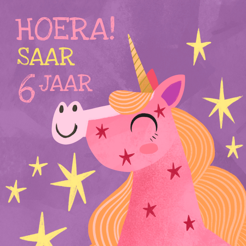 Verjaardagskaarten - Verjaardagskaart roze eenhoorn met sterren