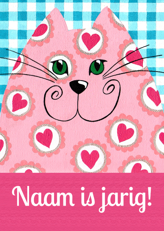 Verjaardagskaart roze hartjeskat - Verjaardagskaarten Verjaardagskaarten - Verjaardagskaart roze hartjeskat