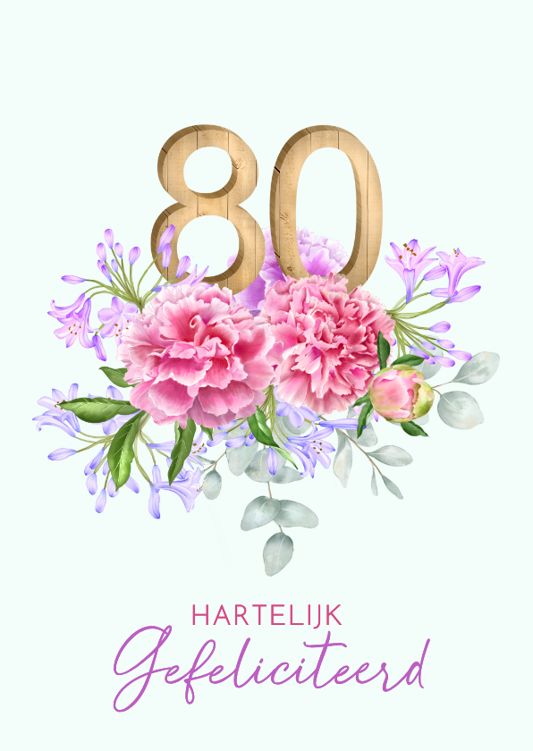 Verjaardagskaart roze pioenen 80 in hout - Verjaardagskaarten Verjaardagskaarten - Verjaardagskaart roze pioenen 80 in hout