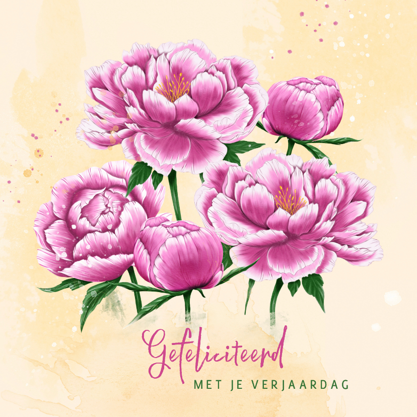 Verjaardagskaarten - Verjaardagskaart roze pioenrozen