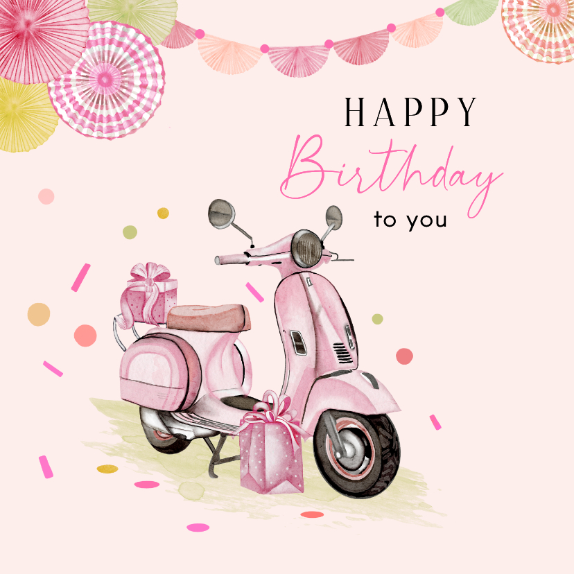 Verjaardagskaarten - Verjaardagskaart roze scooter met ballonnen