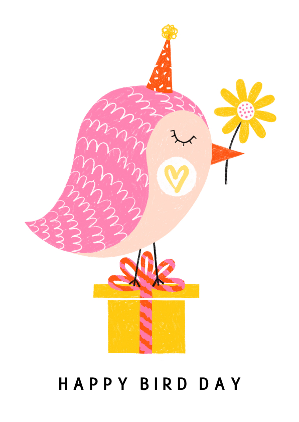 Verjaardagskaarten - Verjaardagskaart roze vogel met bloem en kado
