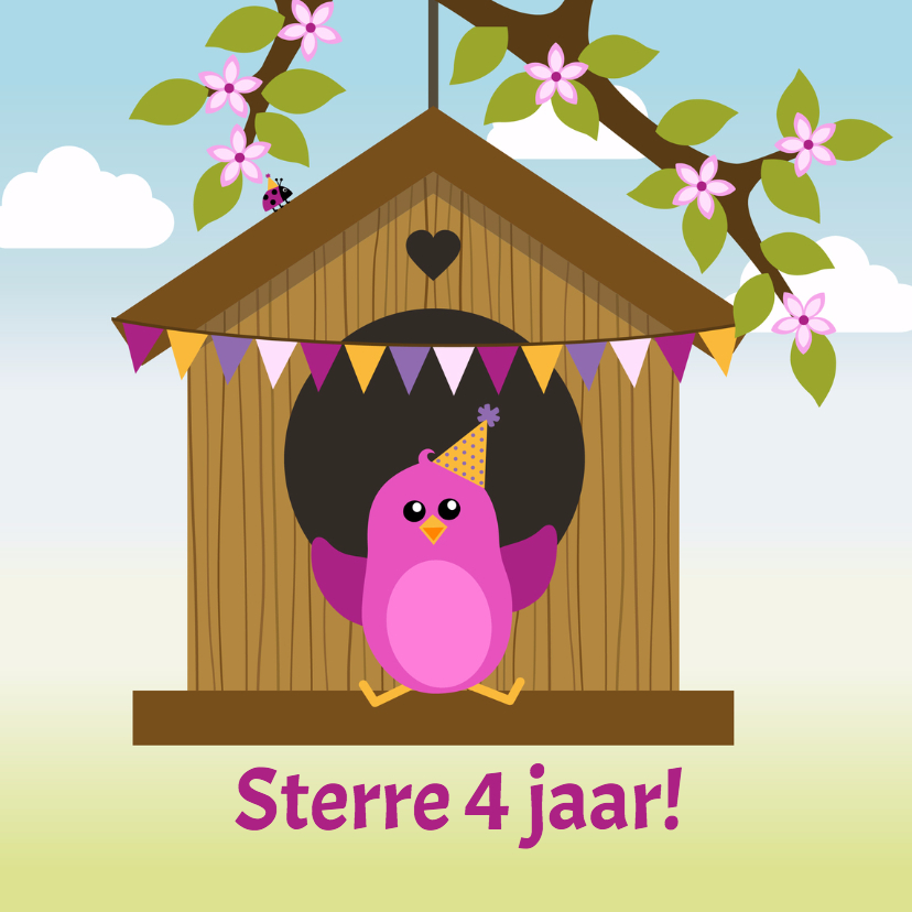 verjaardagskaart roze vogeltje in vogelhuisje - DD - Verjaardagskaarten Verjaardagskaarten - verjaardagskaart roze vogeltje in vogelhuisje - DD