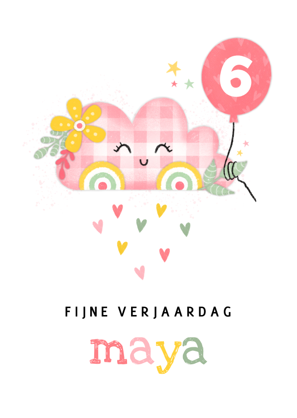 Verjaardagskaarten - Verjaardagskaart roze wolk met ballon en bloem