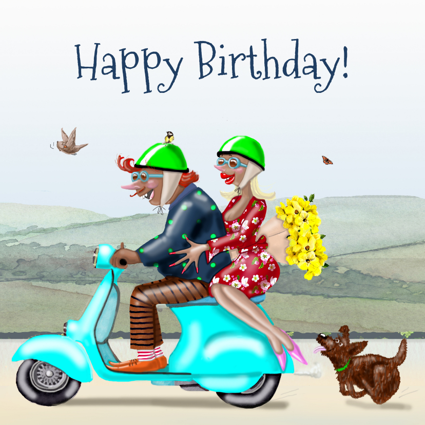 Verjaardagskaart Samen op de scooter - Verjaardagskaarten Verjaardagskaarten - Verjaardagskaart Samen op de scooter