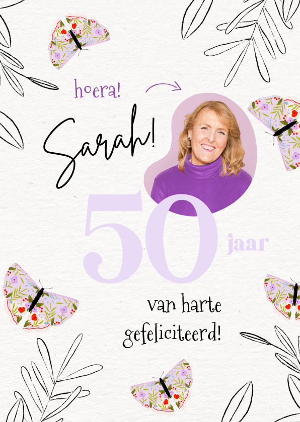 Verjaardagskaarten - Verjaardagskaart Sarah 50 jaar foto vlinders lila